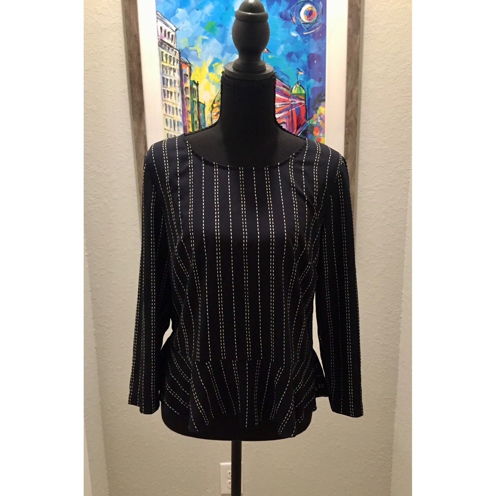 Ann Taylor Womens Navy Blue Striped Peplum Blouse Long Sleeve Top Size Small